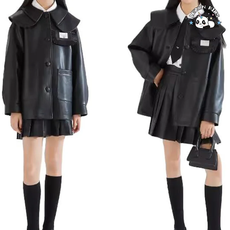 LEZONKIDS - Conjunto de couro de gola de boneca de alta qualidade para meninas, conjunto de saia de couro plissada de duas peças
